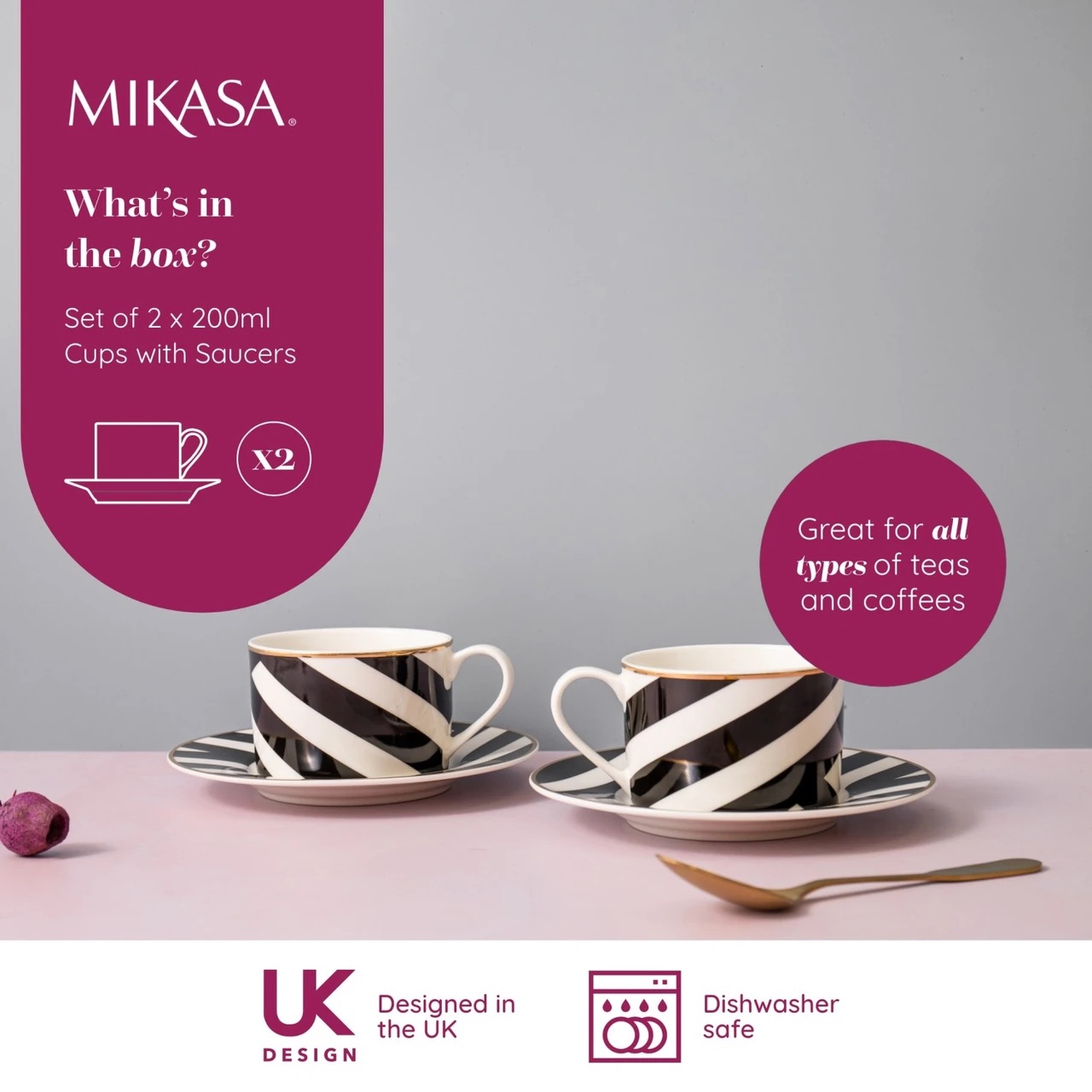 Čajové šálky s podšálky Mikasa Luxe Deco 200 ml, 2 ks, porcelánové